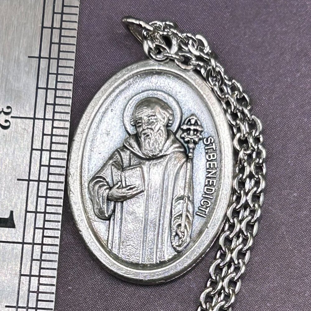 Saint St Benedict Italy Religious Medal Steel Chain Necklace Exorcism Symbols